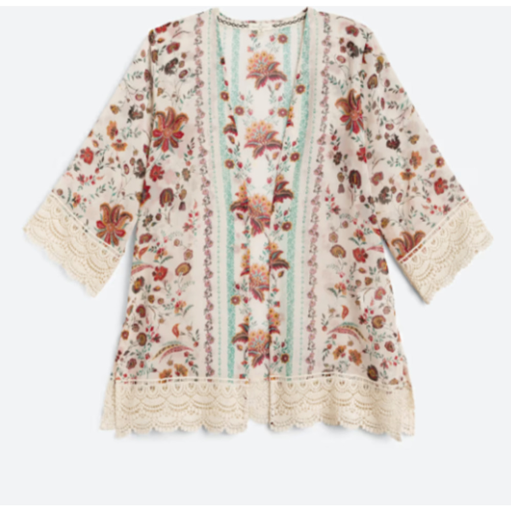NWT Mason & Belle XL Womens Laria Crochet Trim Open Front Woven Cardigan Lace